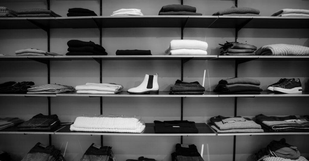 Neatly folded clothing and shoes displayed on shelves in a boutique setting.